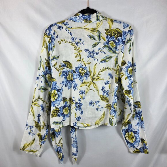 Joie Long Sleeve Linen Wrap Blouse Women's Size Large Ivory, Blue, Yellow Floral - Picture 10 of 12
